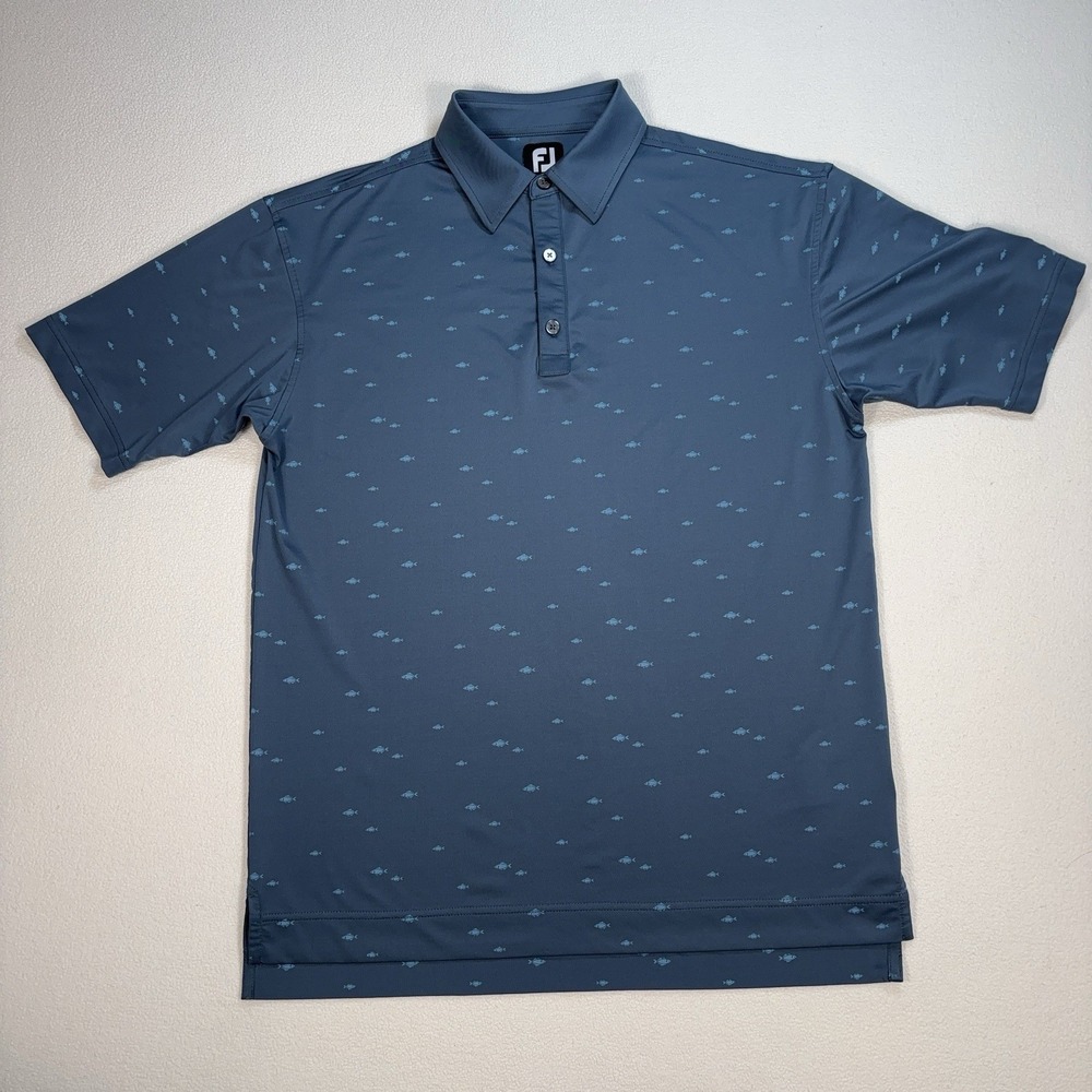 Footjoy Fish Print Golf Polo Men's M Navy Blue Stretch Chateau Whistler FJ Logo
